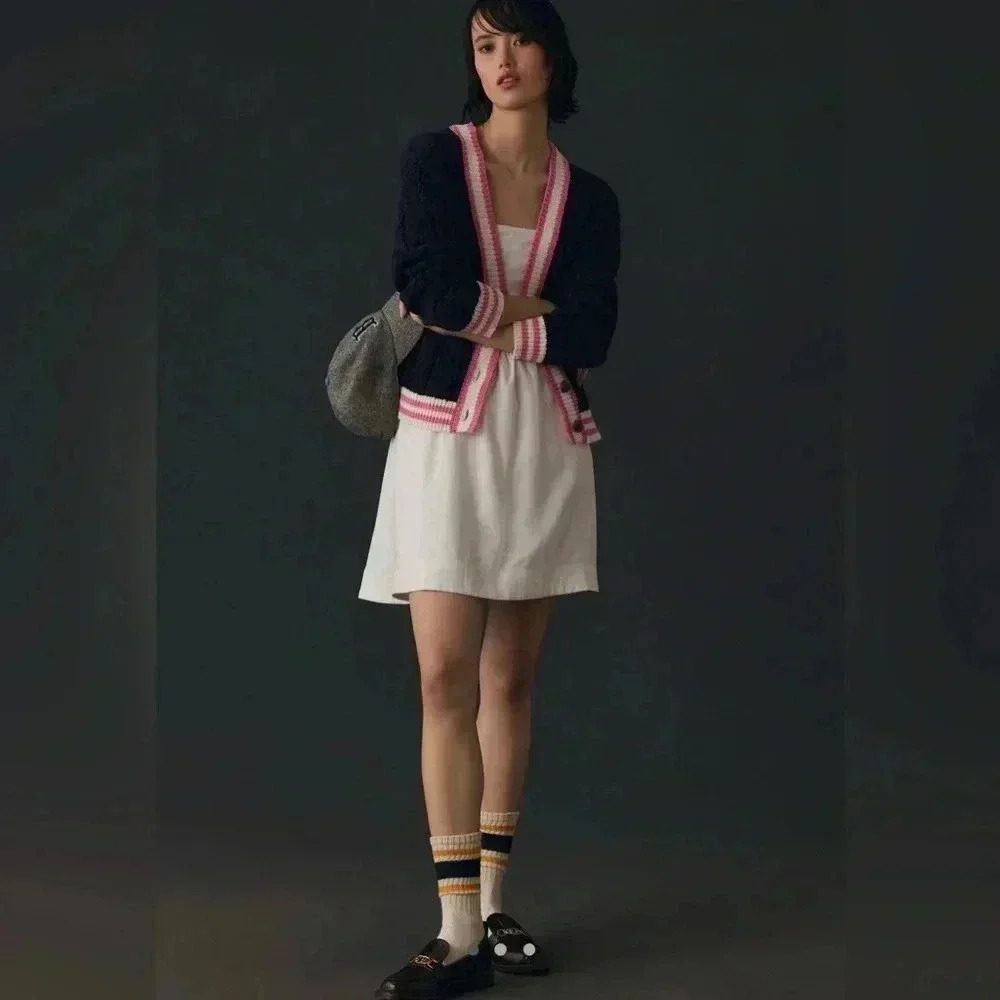 NWT • Anthropologie Maeve Varsity Cable Knit Cardigan Sweater Navy/Pink Small - Picture 3 of 9